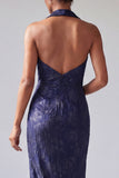 Halter Backless Floral Dark Purple Long Mermaid Mother of the Bride Dress with Slit