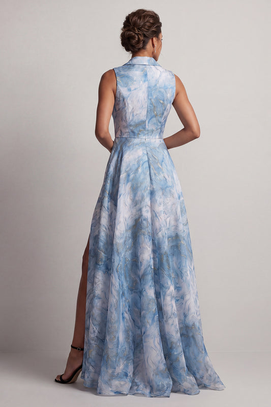 Notched Lapel A Line Lake Blue Floral Long Mother of the Bride Dress with Slit