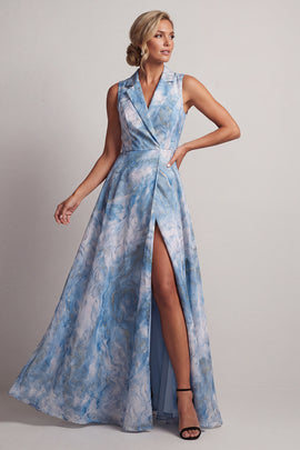 Notched Lapel A Line Lake Blue Floral Long Mother of the Bride Dress with Slit