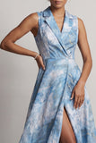 Notched Lapel A Line Lake Blue Floral Long Mother of the Bride Dress with Slit
