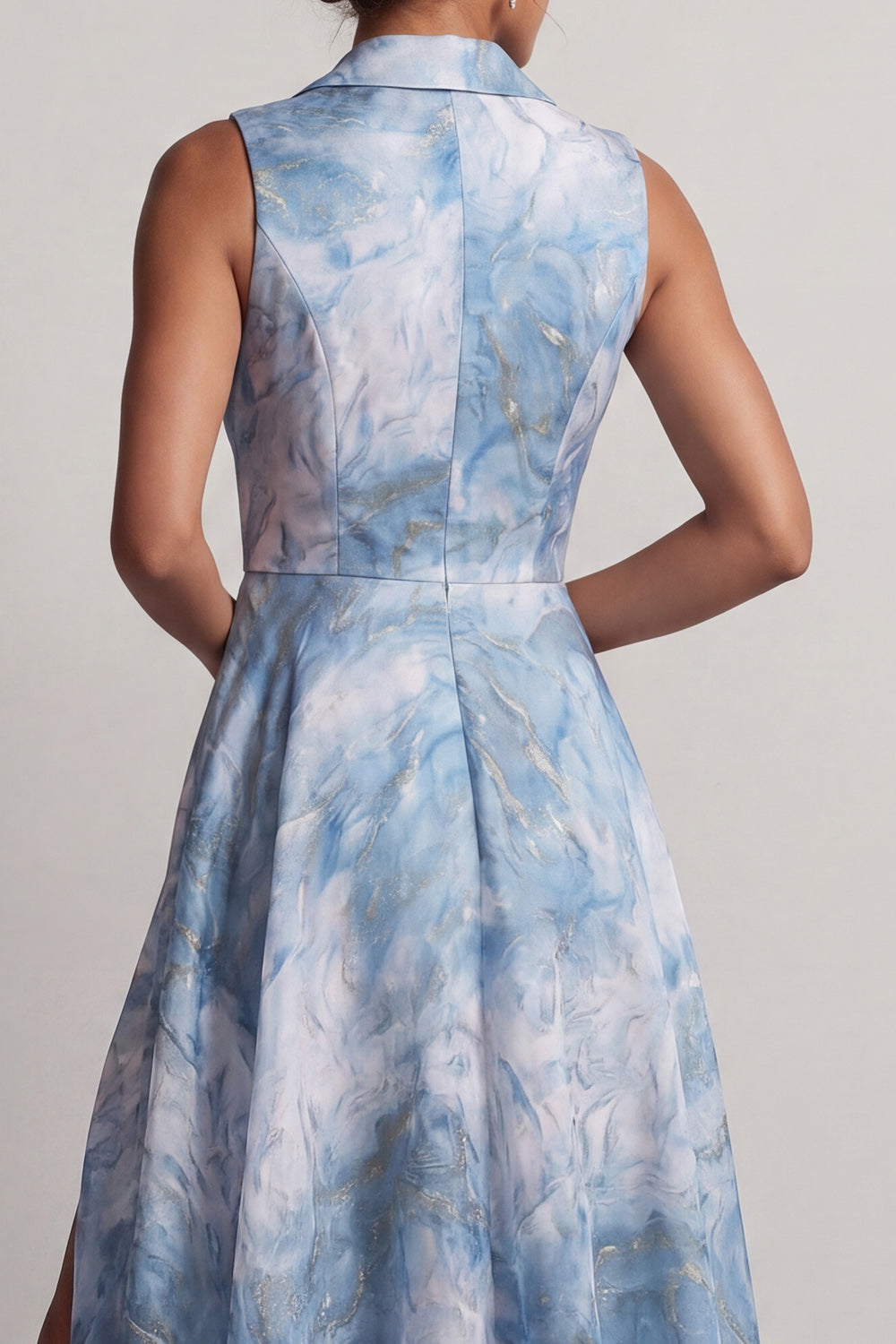 Notched Lapel A Line Lake Blue Floral Long Mother of the Bride Dress with Slit