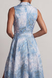 Notched Lapel A Line Lake Blue Floral Long Mother of the Bride Dress with Slit