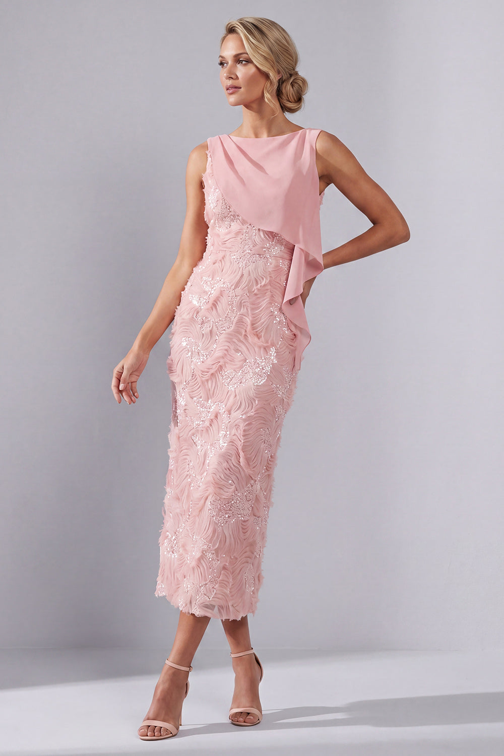 Long Beaded Sheath Sparkly Blush Mother of the Bride Dress with Sash