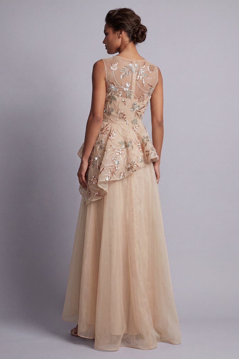 A Line Champagne Long Floral Beaded Mother of the Bride Dress with Ruffles