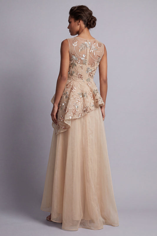 A Line Champagne Long Floral Beaded Mother of the Bride Dress with Ruffles