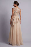 A Line Champagne Long Floral Beaded Mother of the Bride Dress with Ruffles