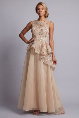A Line Champagne Long Floral Beaded Mother of the Bride Dress with Ruffles