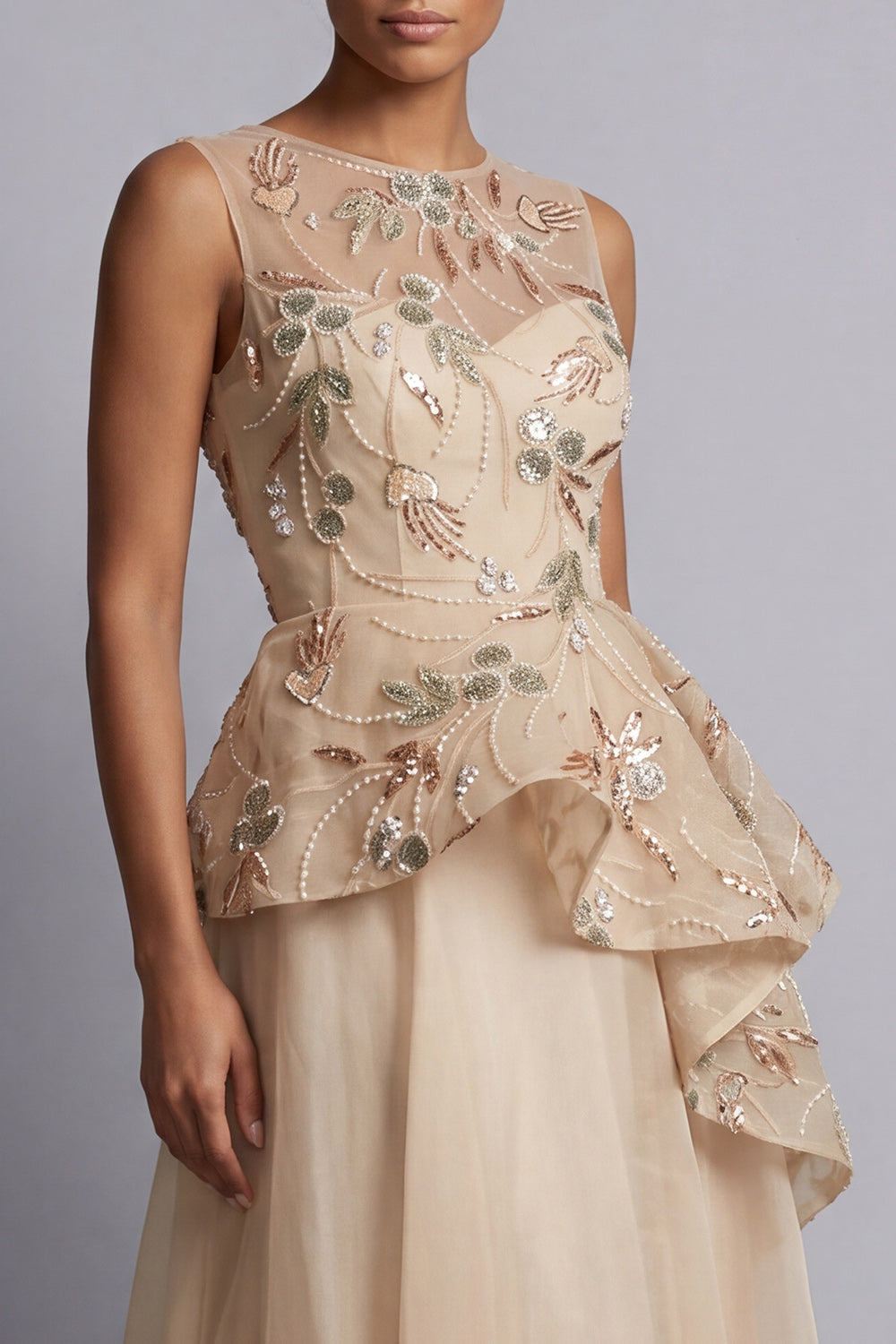 A Line Champagne Long Floral Beaded Mother of the Bride Dress with Ruffles