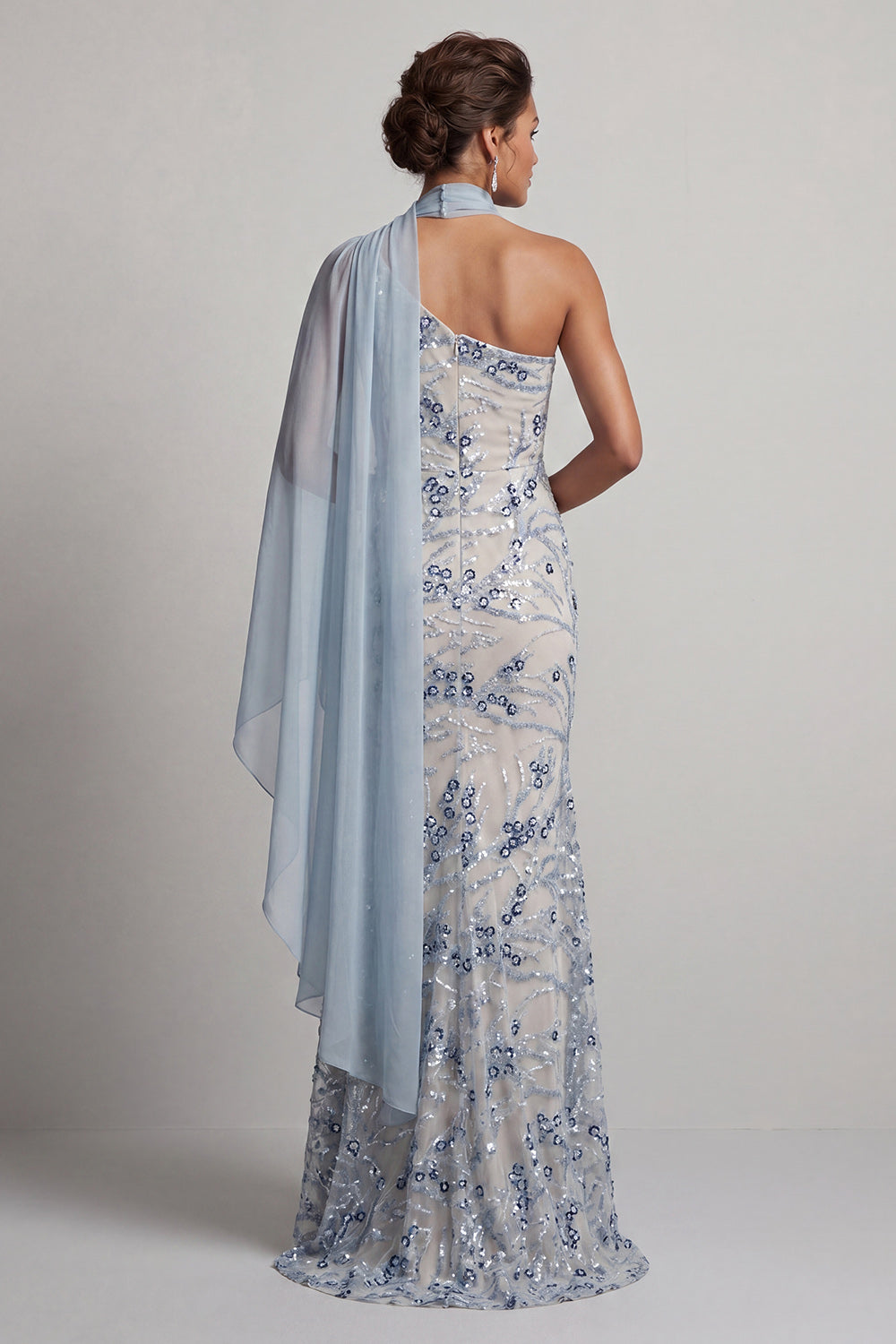 Sparkly Light Blue Mermaid Long Floral Beaded Mother of the Bride Dress