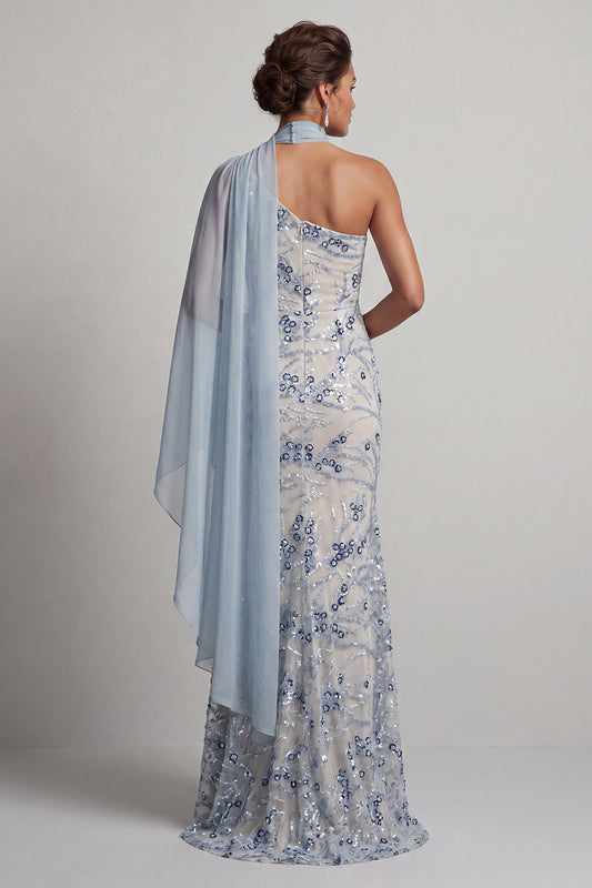 Sparkly Light Blue Mermaid Long Floral Beaded Mother of the Bride Dress