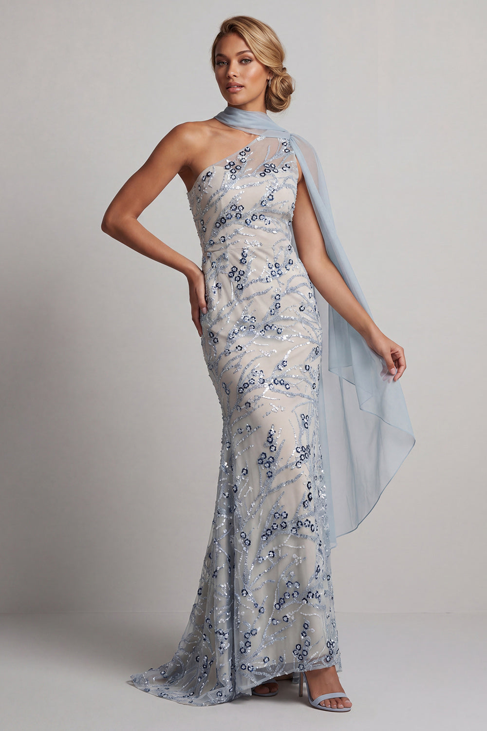 Sparkly Light Blue Mermaid Long Floral Beaded Mother of the Bride Dress