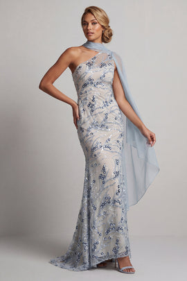 Sparkly Light Blue Mermaid Long Floral Beaded Mother of the Bride Dress