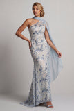 Sparkly Light Blue Mermaid Long Floral Beaded Mother of the Bride Dress