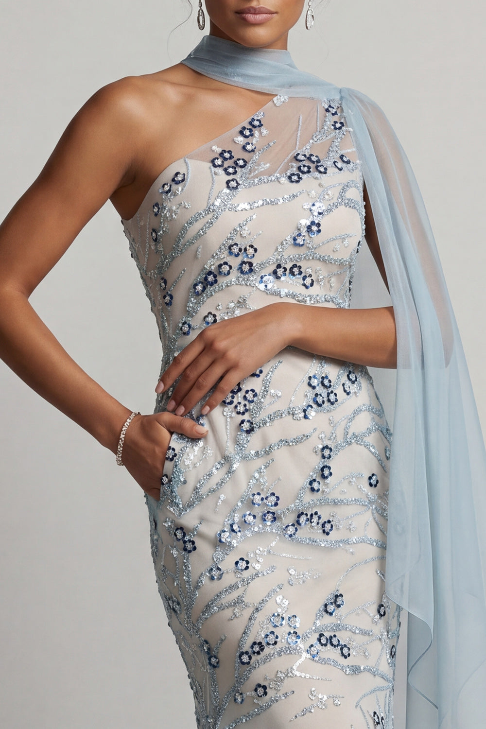 Sparkly Light Blue Mermaid Long Floral Beaded Mother of the Bride Dress
