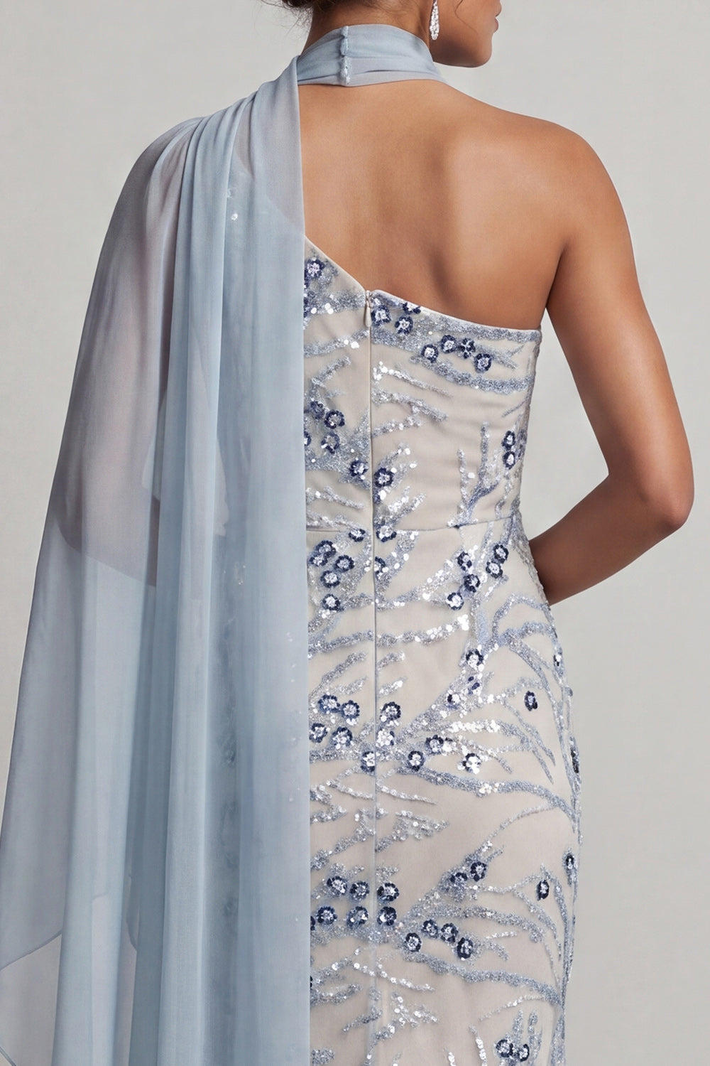 Sparkly Light Blue Mermaid Long Floral Beaded Mother of the Bride Dress
