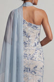 Sparkly Light Blue Mermaid Long Floral Beaded Mother of the Bride Dress
