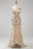 Sparkly Apricot Floral Long Beaded Mermaid Mother of the Bride Dress