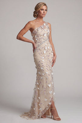 Sparkly Apricot Floral Beaded Long Mother of the Bride Dress One Shoulder Mermaid Wedding Guest Dress