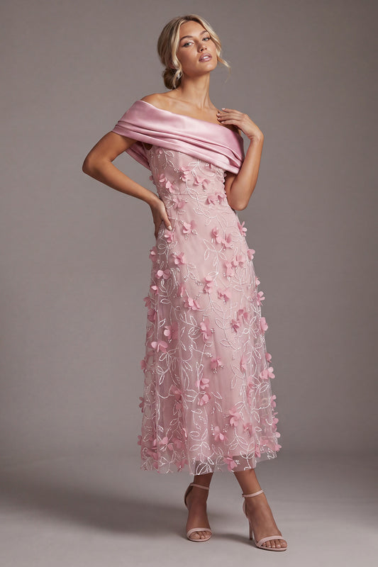 Pink Long Floral A Line Beaded Mother of the Bride Dress