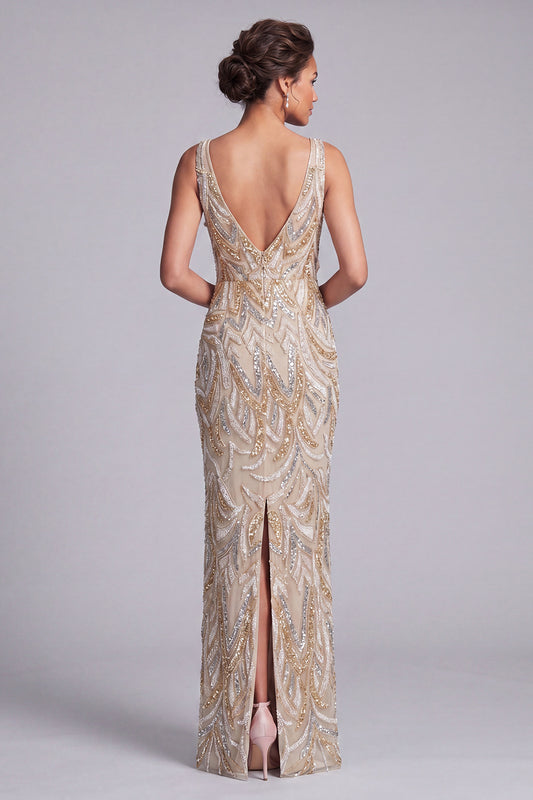 V-Neck Sparkly Champagne Long Beaded Mother of the Bride Dress with Bow