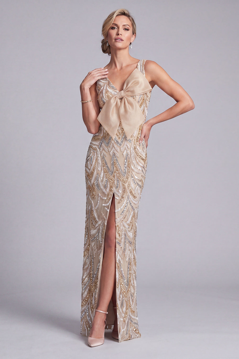 V-Neck Sparkly Champagne Long Beaded Mother of the Bride Dress with Bow