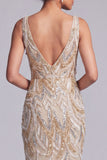 V-Neck Sparkly Champagne Long Beaded Mother of the Bride Dress with Bow