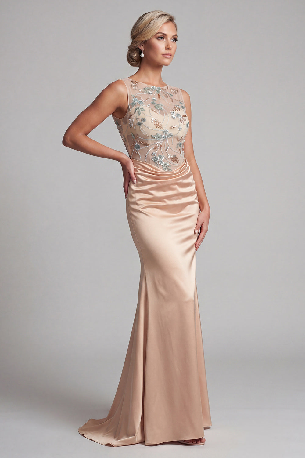 Floral Long Mermaid Ruched Champagne Beaded Mother of the Bride Dress