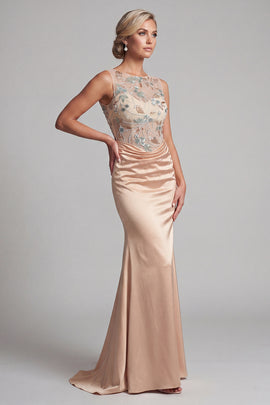 Floral Long Mermaid Ruched Champagne Beaded Mother of the Bride Dress