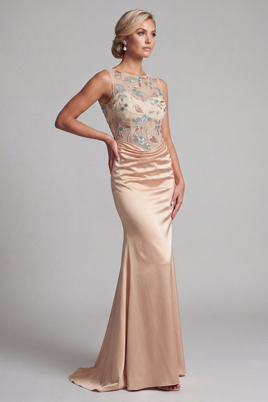 Floral Long Mermaid Ruched Champagne Beaded Mother of the Bride Dress