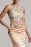 Floral Long Mermaid Ruched Champagne Beaded Mother of the Bride Dress