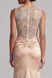 Floral Long Mermaid Ruched Champagne Beaded Mother of the Bride Dress