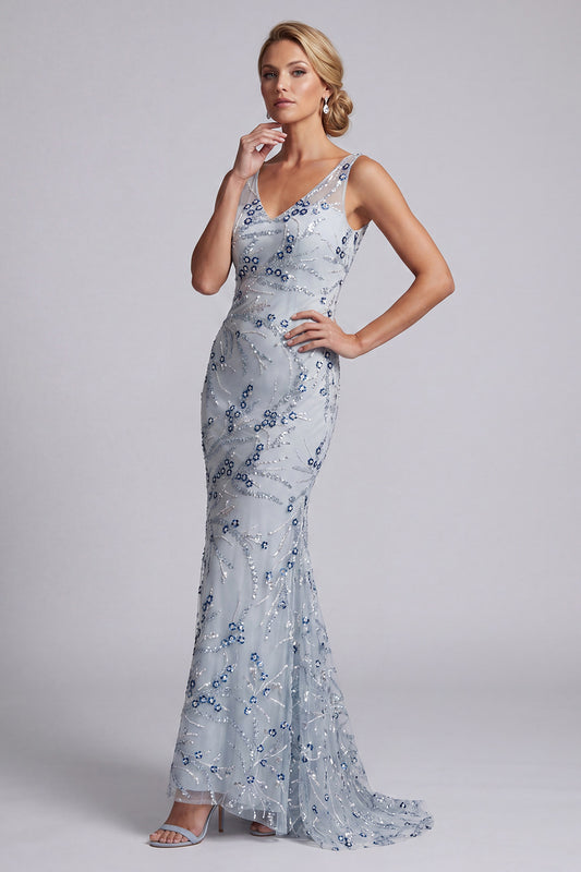 Long Floral Beaded Sparkly Light Blue Mermaid Mother of the Bride Dress