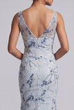 Long Floral Beaded Sparkly Light Blue Mermaid Mother of the Bride Dress