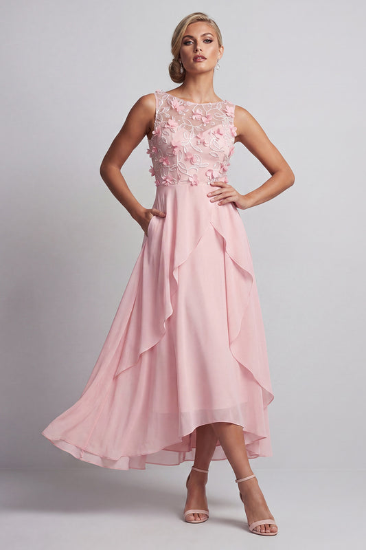Pink Long Floral Ruffled Beaded Mother of the Bride Dress with Pockets