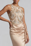 Long Beaded Mermaid Sparkly Champagne Mother of the Bride Dress with Sash