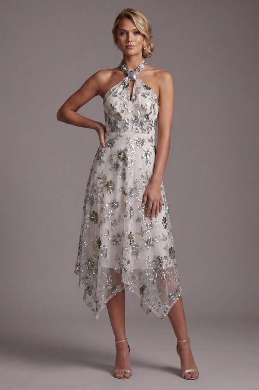Sparkly Grey Blue Floral A Line Asymmetrical Beaded Mother of the Bride Dress