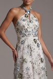 Sparkly Grey Blue Floral A Line Asymmetrical Beaded Mother of the Bride Dress
