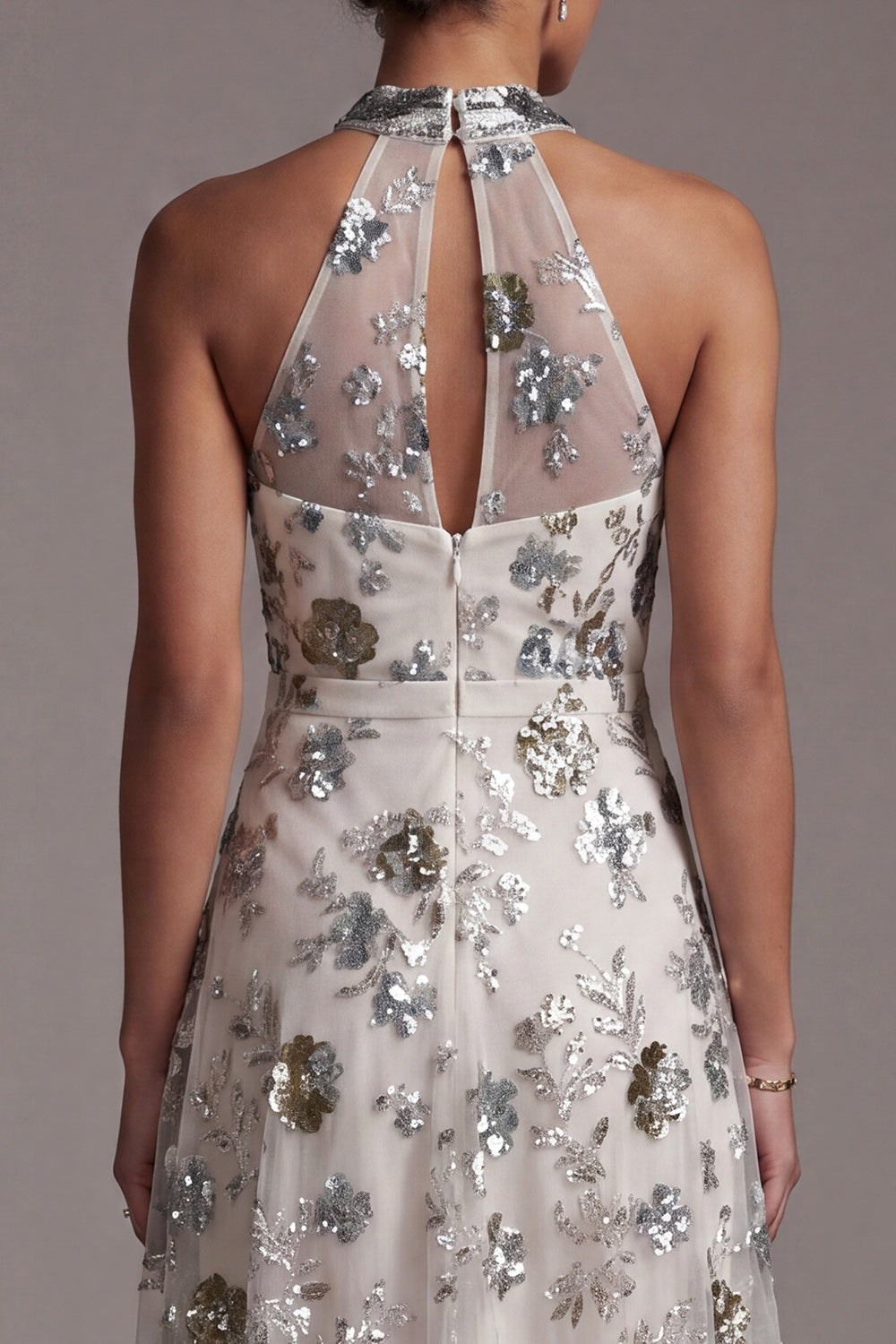 Sparkly Grey Blue Floral A Line Asymmetrical Beaded Mother of the Bride Dress