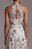 Sparkly Grey Blue Floral A Line Asymmetrical Beaded Mother of the Bride Dress