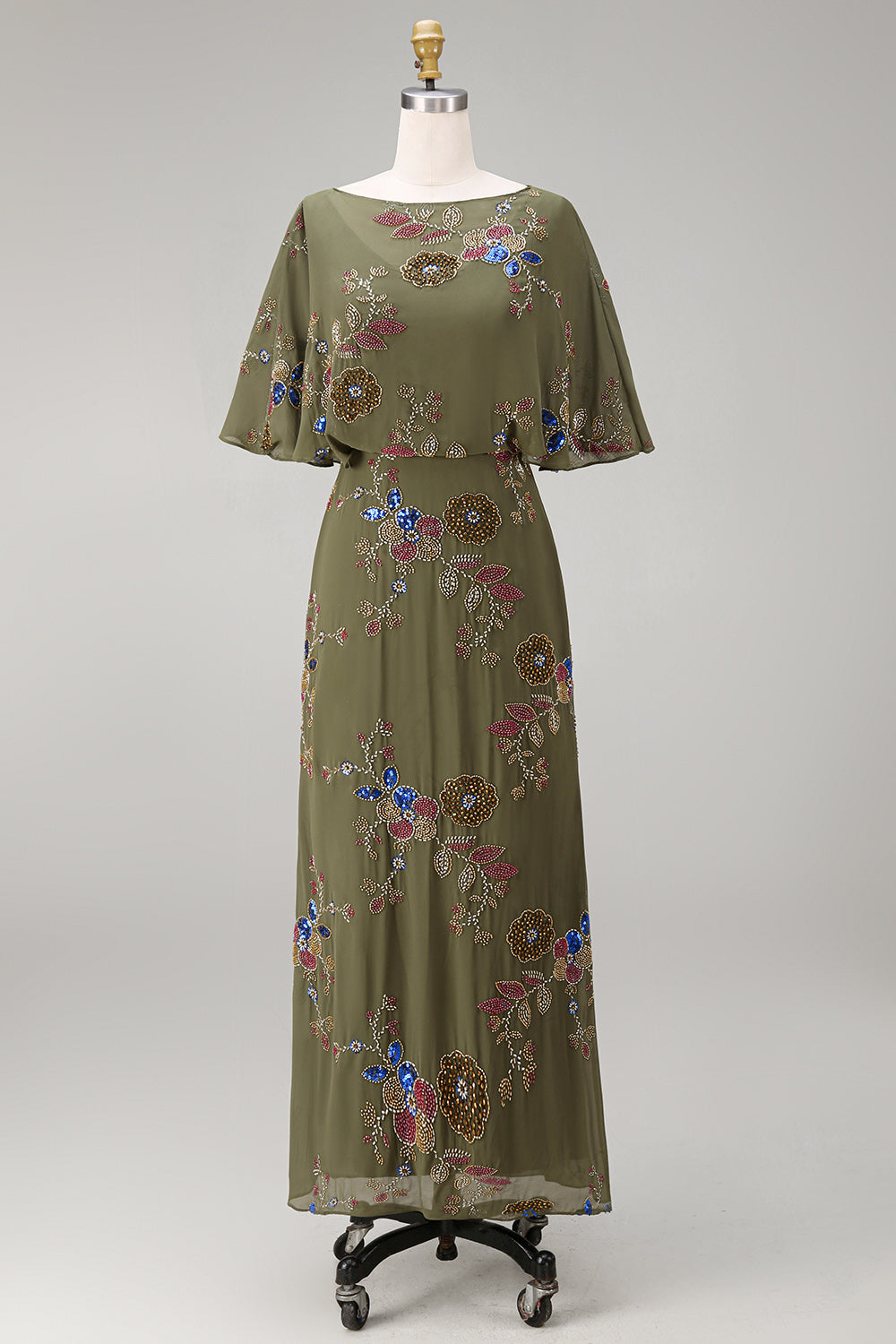 Floral Mermaid Beaded Olive Long Mother of the Bride Dress with Cape