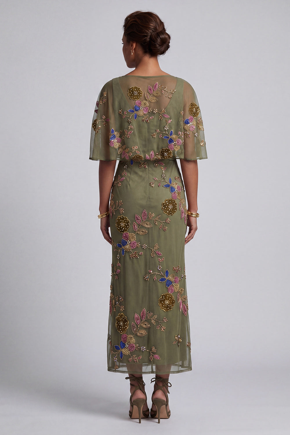 Floral Mermaid Beaded Olive Long Mother of the Bride Dress with Cape