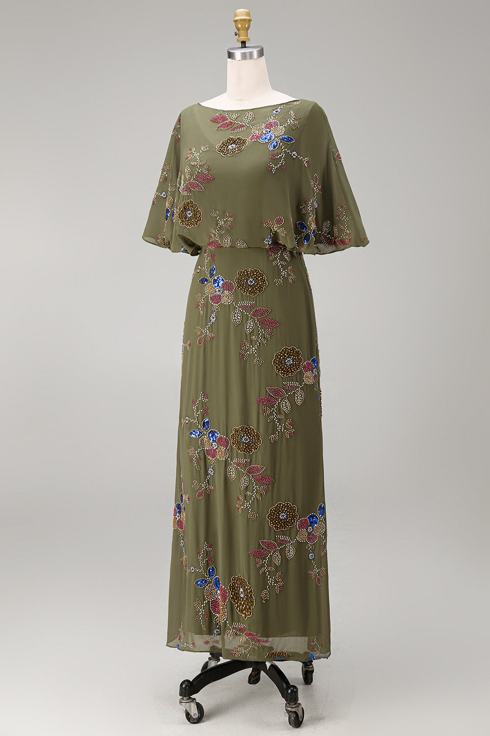 Floral Mermaid Beaded Olive Long Mother of the Bride Dress with Cape