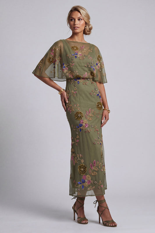 Olive Long Floral Mother of the Bride Dress with Cape Bateau Neck Beaded Mermaid Wedding Guest Dress