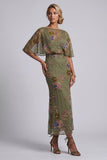 Olive Long Floral Mother of the Bride Dress with Cape Bateau Neck Beaded Mermaid Wedding Guest Dress