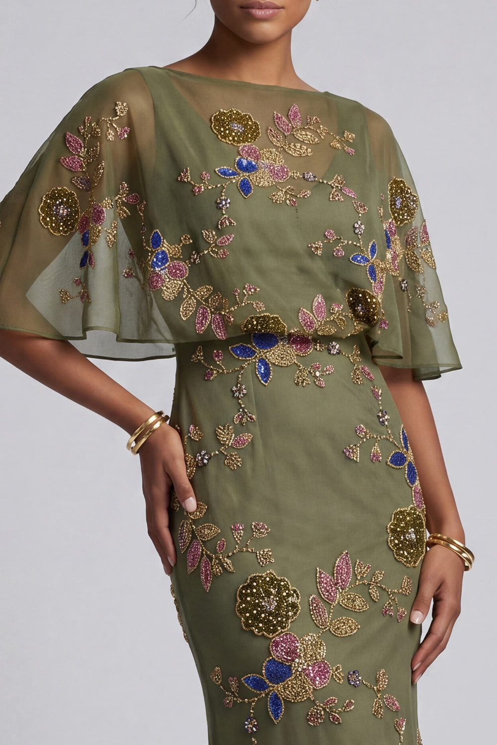 Floral Mermaid Beaded Olive Long Mother of the Bride Dress with Cape