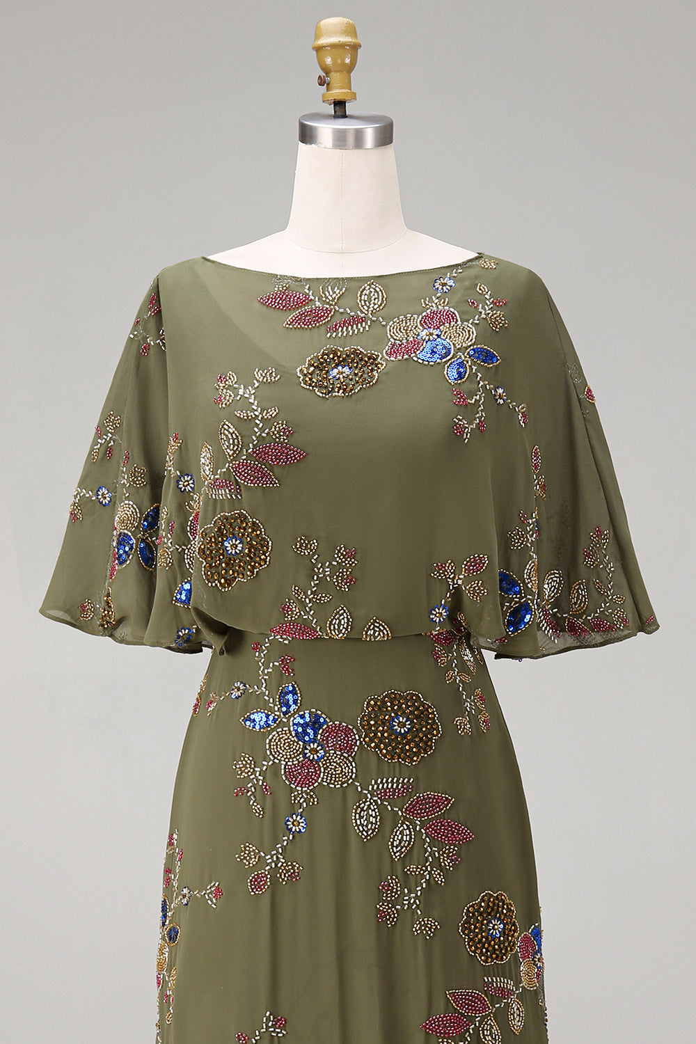 Floral Mermaid Beaded Olive Long Mother of the Bride Dress with Cape