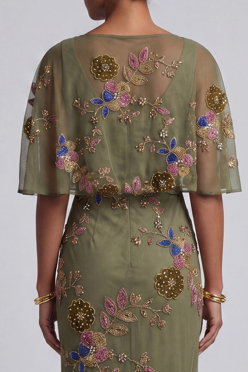 Floral Mermaid Beaded Olive Long Mother of the Bride Dress with Cape