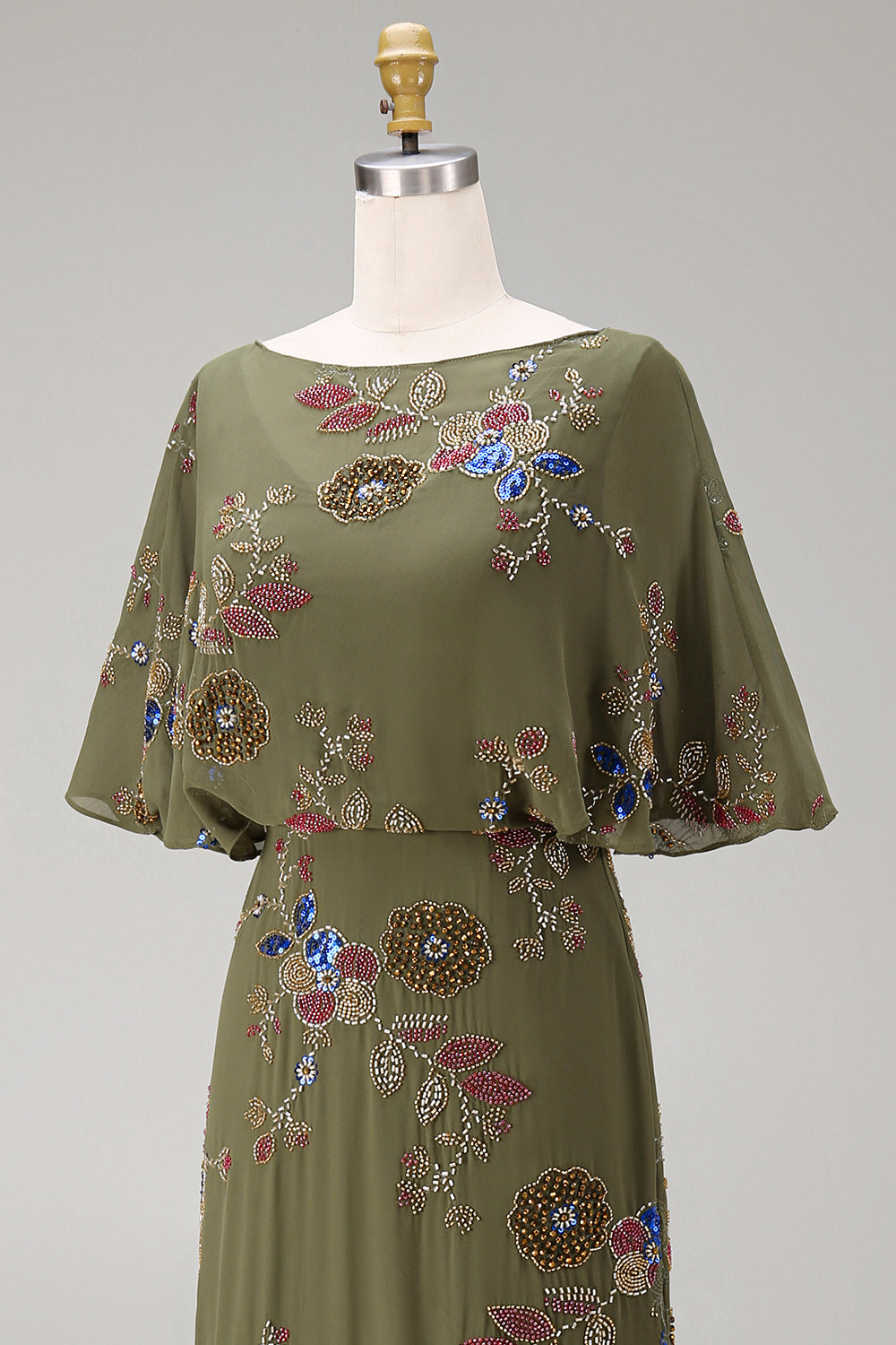 Floral Mermaid Beaded Olive Long Mother of the Bride Dress with Cape