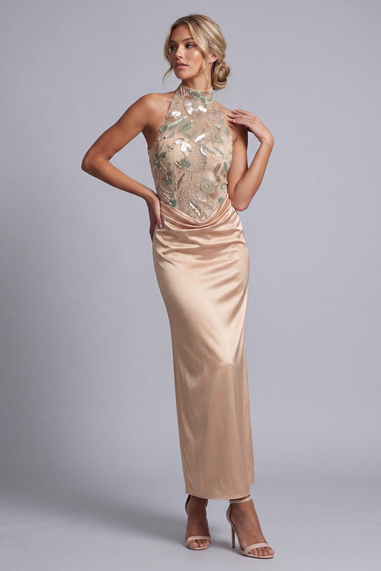 Champagne Beaded Floral Long Mermaid Mother of the Bride Dress