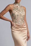 Champagne Beaded Floral Long Mermaid Mother of the Bride Dress